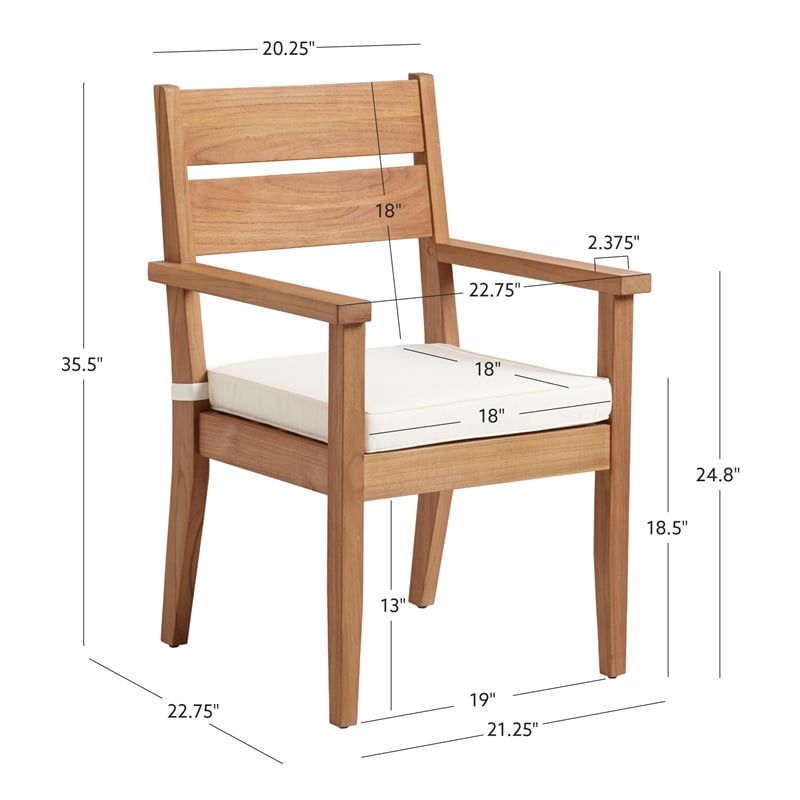 Linon Barlow Teak Outdoor Dining Chair with Arms Removable Cushion in Natural
