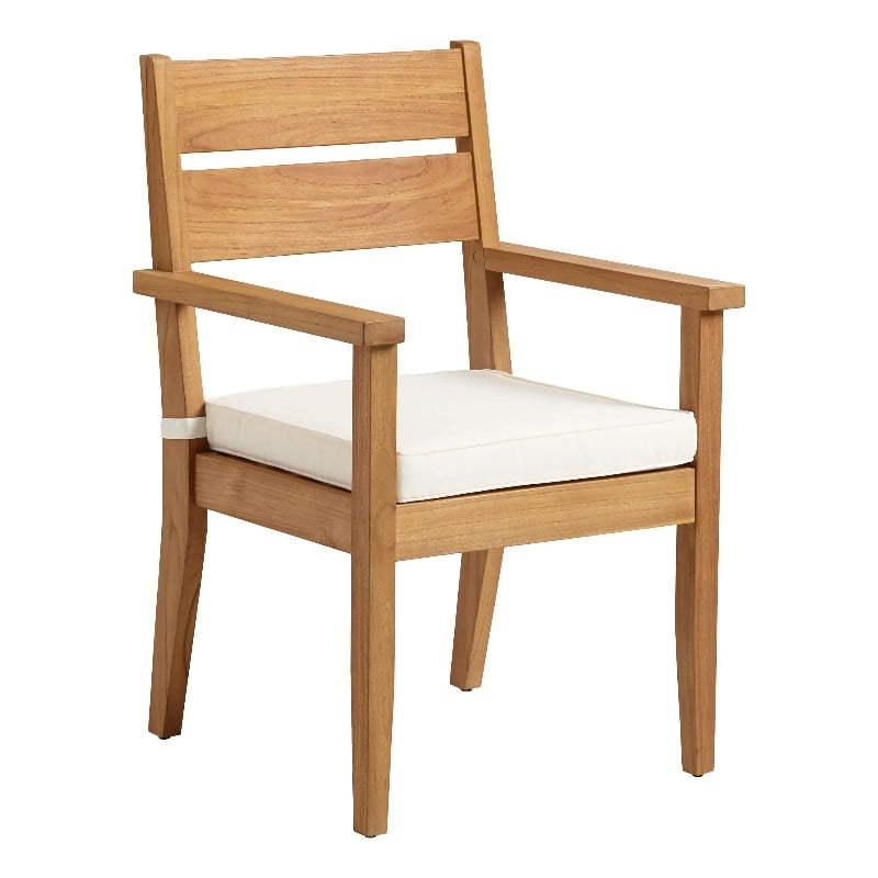 Linon Barlow Teak Outdoor Dining Chair with Arms Removable Cushion in Natural