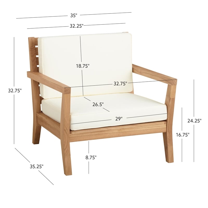 Linon Barlow Outdoor Solid Teak Arm Chair with UV Resistant Cushions in Natural