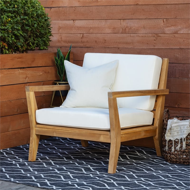 Linon Barlow Outdoor Solid Teak Arm Chair with UV Resistant Cushions in Natural