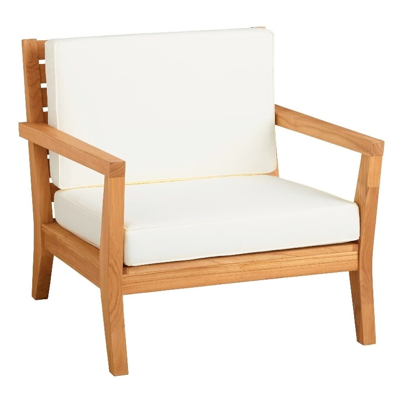 Linon Barlow Outdoor Solid Teak Arm Chair with UV Resistant Cushions in Natural