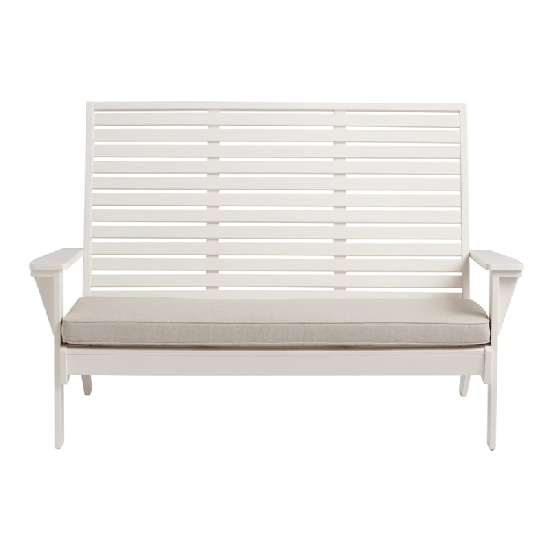 Linon Capers Outdoor Wooden Bench With Slatted Back and Cushion in White