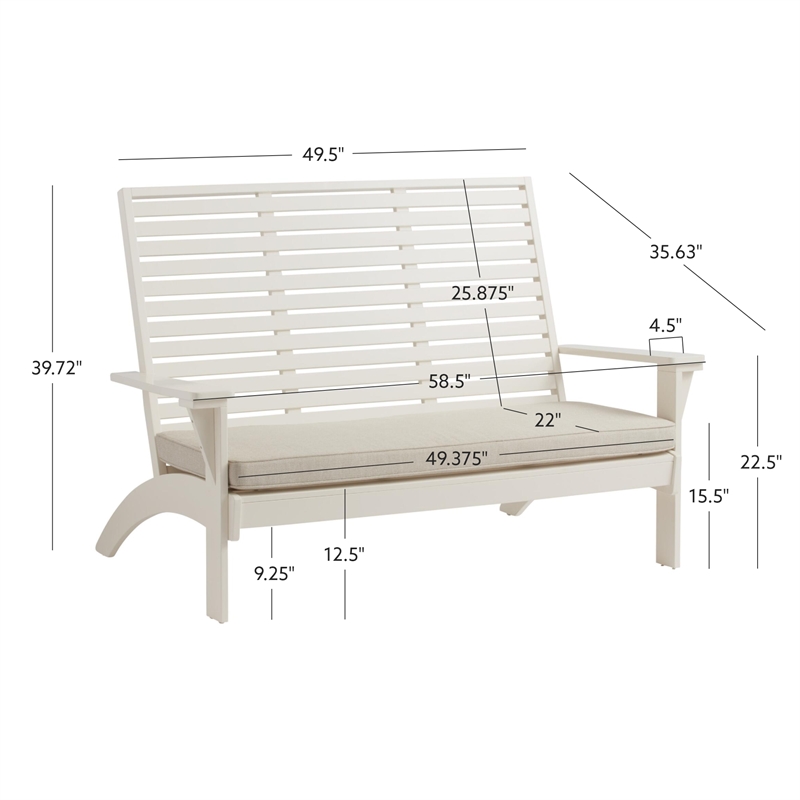 Linon Capers Outdoor Wooden Bench With Slatted Back and Cushion in White
