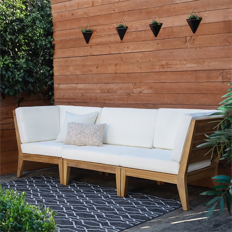 Linon Farrah Outdoor Teak Wood Armless Chair Off White Cushion in Natural Finish