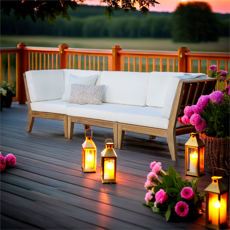 Linon Farrah Outdoor Teak Wood Armless Chair Off White Cushion in Natural Finish