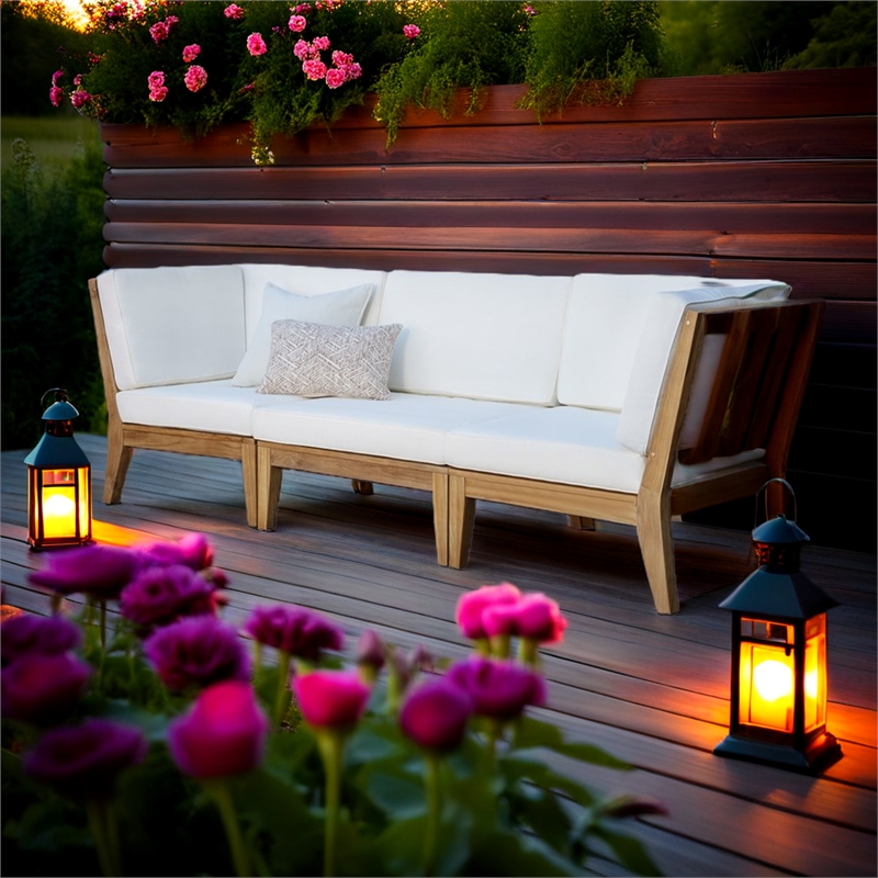 Linon Farrah Outdoor Teak Wood Armless Chair Off White Cushion in Natural Finish