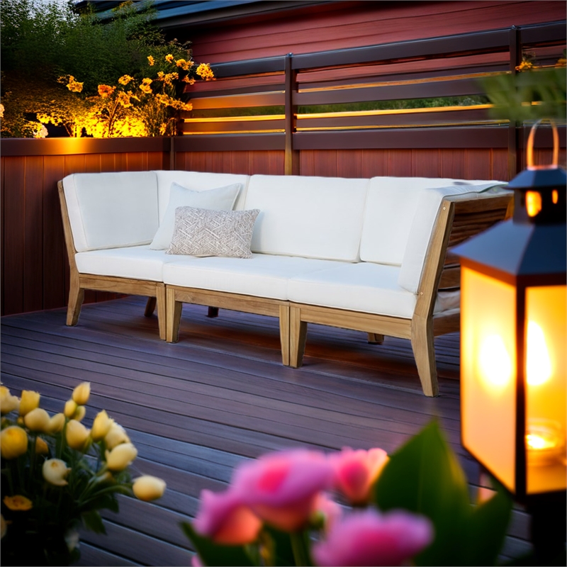 Linon Farrah Outdoor Teak Wood Armless Chair Off White Cushion in Natural Finish