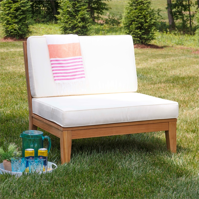 Linon Farrah Outdoor Teak Wood Armless Chair Off White Cushion in Natural Finish