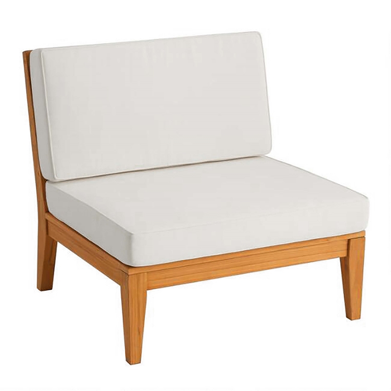 Linon Farrah Outdoor Teak Wood Armless Chair Off White Cushion in Natural Finish