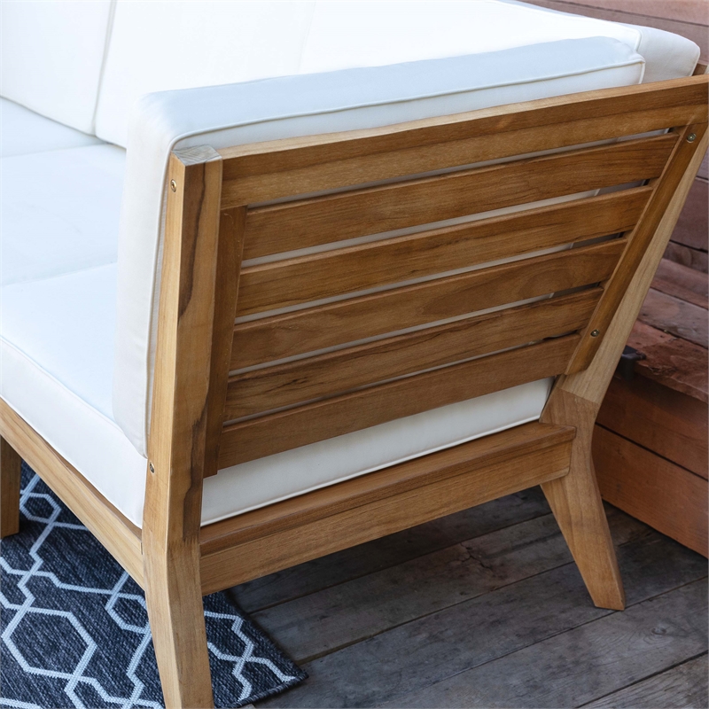 Linon Farrah Outdoor Teak Wood Armless Chair Off White Cushion in Natural Finish