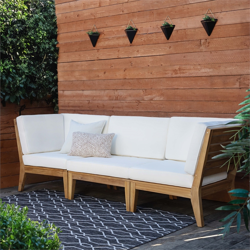 Linon Farrah Outdoor Teak Wood Armless Chair Off White Cushion in Natural Finish