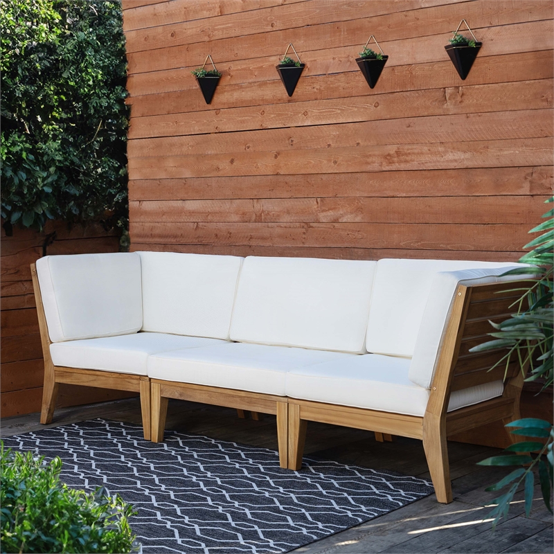 Linon Farrah Outdoor Teak Wood Armless Chair Off White Cushion in Natural Finish