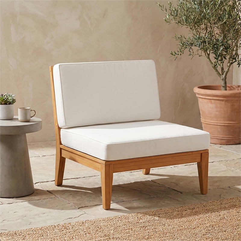Linon Farrah Outdoor Teak Wood Armless Chair Off White Cushion in Natural Finish