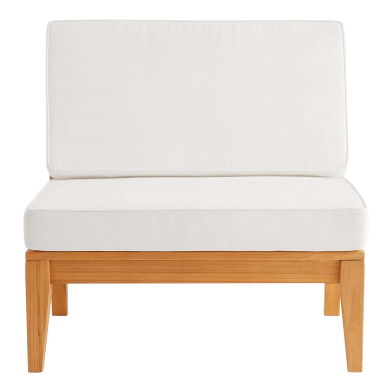 Linon Farrah Outdoor Teak Wood Armless Chair Off White Cushion in Natural Finish