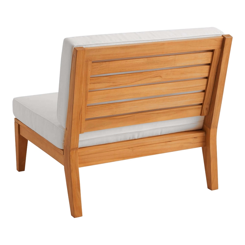Linon Farrah Outdoor Teak Wood Armless Chair Off White Cushion in Natural Finish