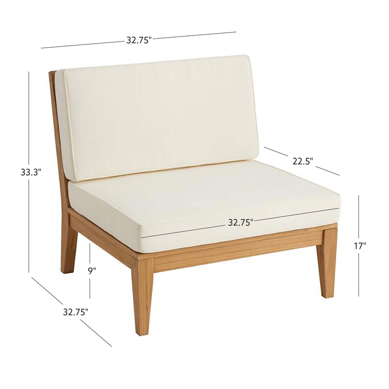 Linon Farrah Outdoor Teak Wood Armless Chair Off White Cushion in Natural Finish