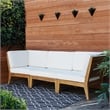 Linon Farrah Outdoor Teak Wood Corner Chair Off White Cushions in Natural Finish