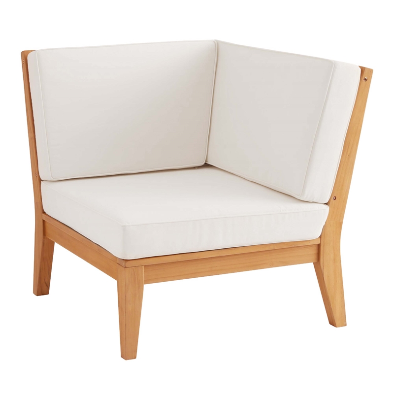Linon Farrah Outdoor Teak Wood Corner Chair Off White Cushions in Natural Finish