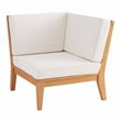 Linon Farrah Outdoor Teak Wood Corner Chair Off White Cushions in Natural Finish