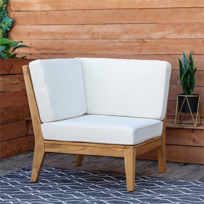 Linon Farrah Outdoor Teak Wood Corner Chair Off White Cushions in Natural Finish