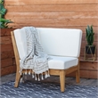 Linon Farrah Outdoor Teak Wood Corner Chair Off White Cushions in Natural Finish