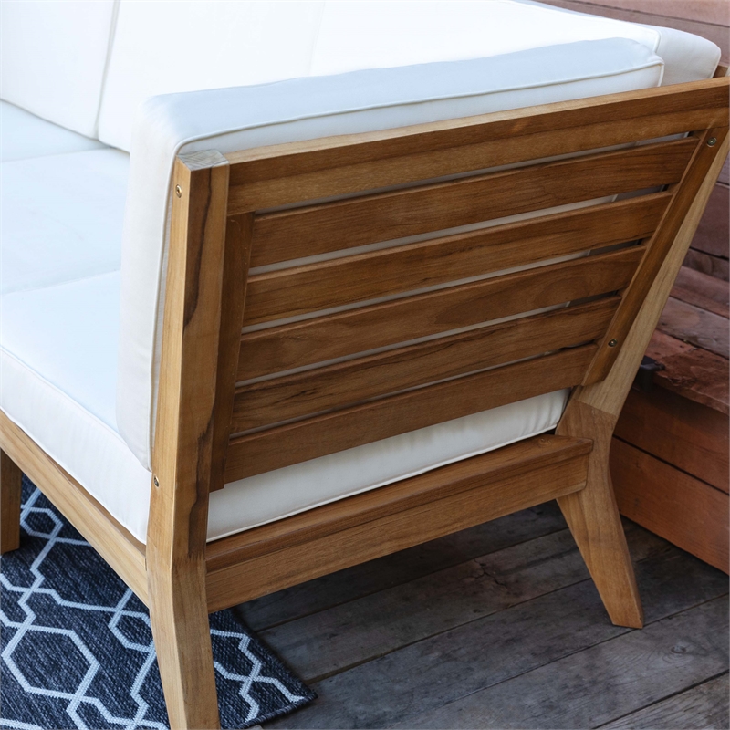 Linon Farrah Outdoor Teak Wood Corner Chair Off White Cushions in Natural Finish