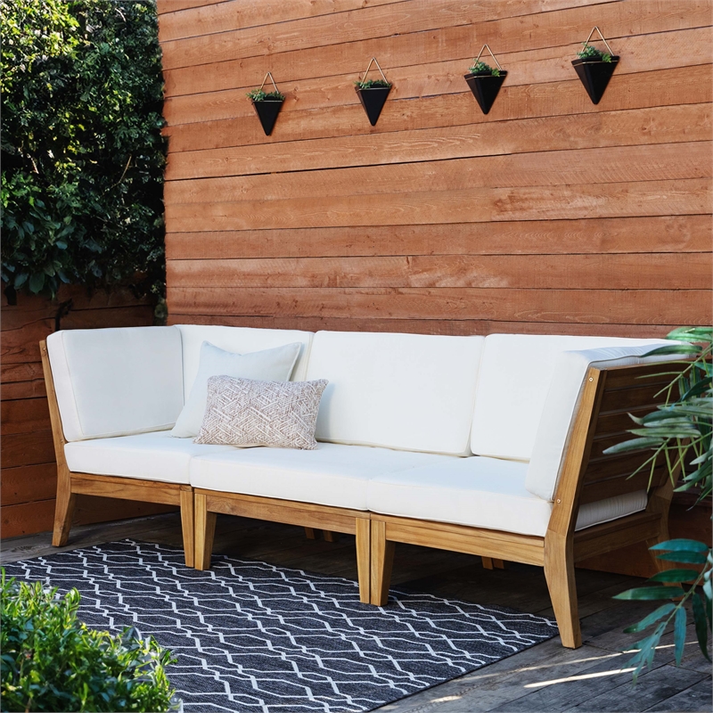Linon Farrah Outdoor Teak Wood Corner Chair Off White Cushions in Natural Finish