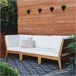 Linon Farrah Outdoor Teak Wood Corner Chair Off White Cushions in Natural Finish