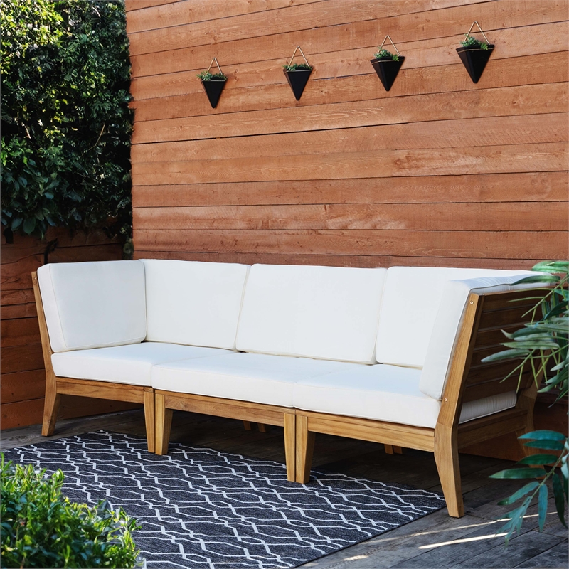 Linon Farrah Outdoor Teak Wood Corner Chair Off White Cushions in Natural Finish