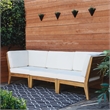 Linon Farrah Outdoor Teak Wood Corner Chair Off White Cushions in Natural Finish
