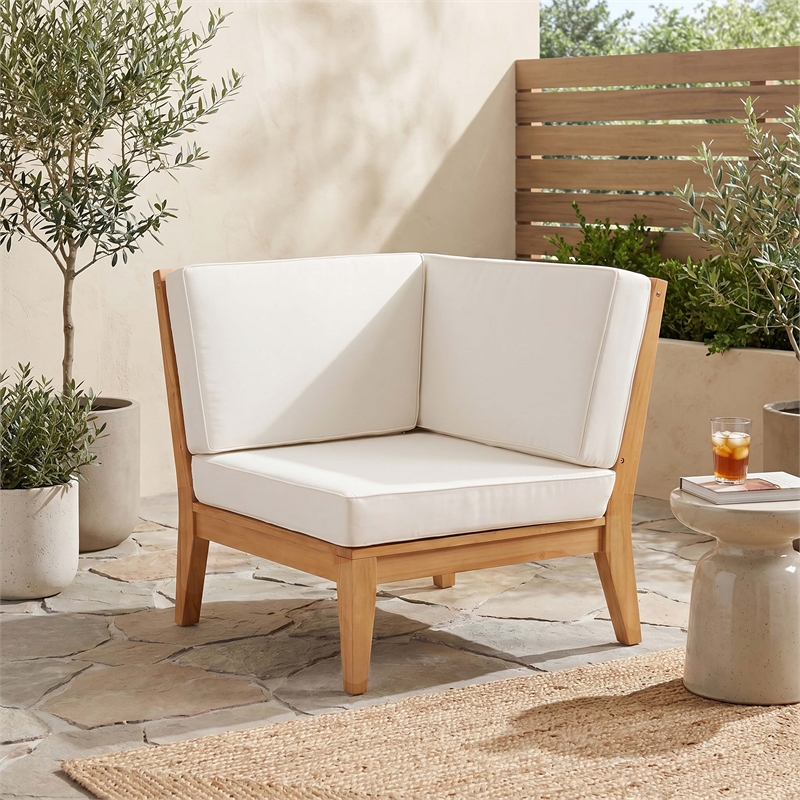 Linon Farrah Outdoor Teak Wood Corner Chair Off White Cushions in Natural Finish