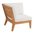 Linon Farrah Outdoor Teak Wood Corner Chair Off White Cushions in Natural Finish