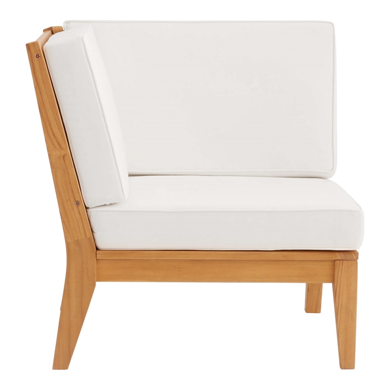 Linon Farrah Outdoor Teak Wood Corner Chair Off White Cushions in Natural Finish