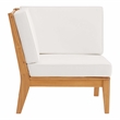 Linon Farrah Outdoor Teak Wood Corner Chair Off White Cushions in Natural Finish