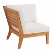 Linon Farrah Outdoor Teak Wood Corner Chair Off White Cushions in Natural Finish