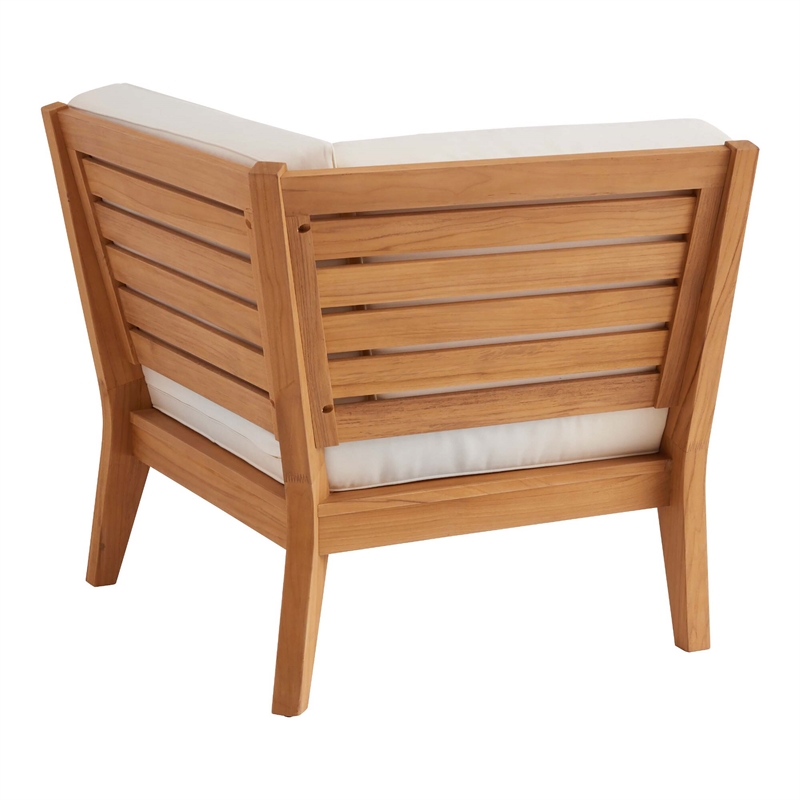 Linon Farrah Outdoor Teak Wood Corner Chair Off White Cushions in Natural Finish