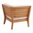 Linon Farrah Outdoor Teak Wood Corner Chair Off White Cushions in Natural Finish