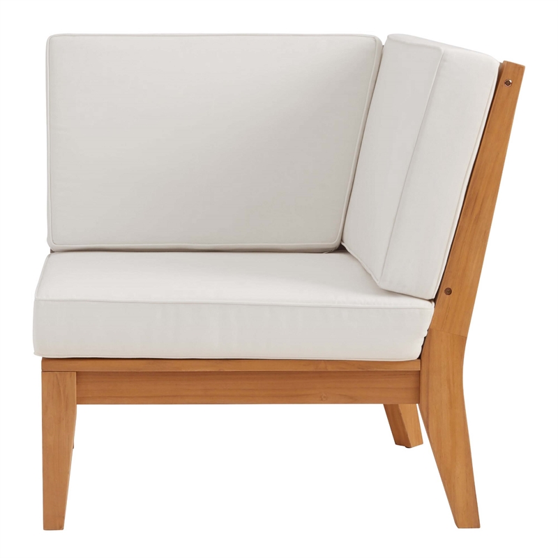 Linon Farrah Outdoor Teak Wood Corner Chair Off White Cushions in Natural Finish