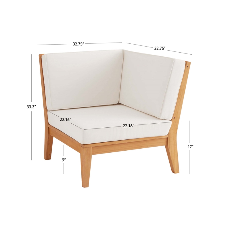 Linon Farrah Outdoor Teak Wood Corner Chair Off White Cushions in Natural Finish
