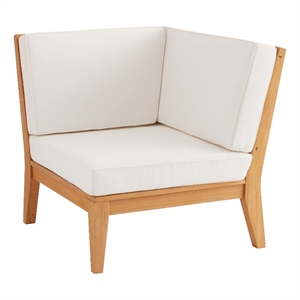 Linon Farrah Outdoor Teak Wood Corner Chair Off White Cushions in Natural Finish