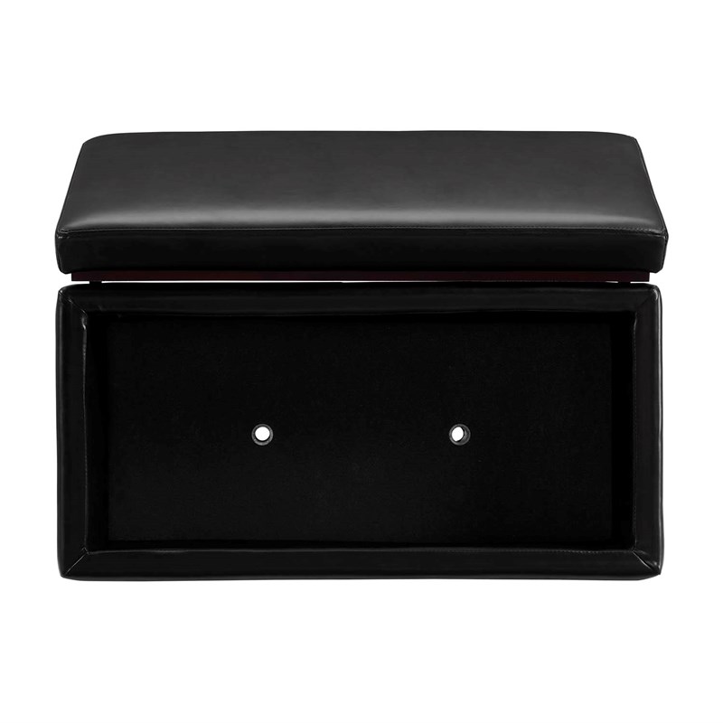 Linon Hawn Rectangle Storage Ottoman Dark Wood Trim in Black Faux Leather