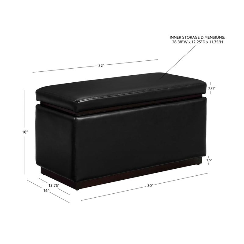 Linon Hawn Rectangle Storage Ottoman Dark Wood Trim in Black Faux Leather