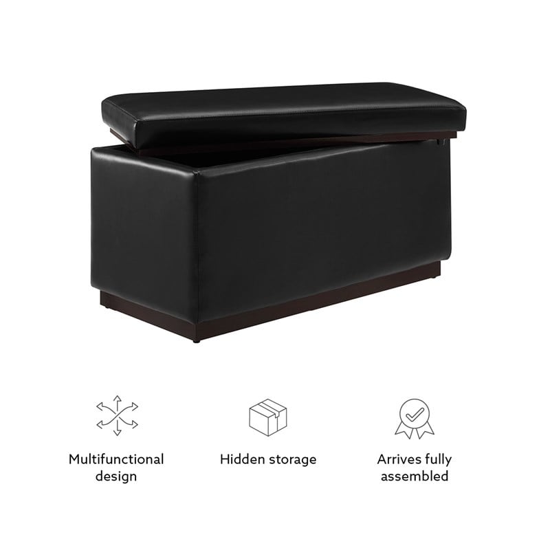 Linon Hawn Rectangle Storage Ottoman Dark Wood Trim in Black Faux Leather