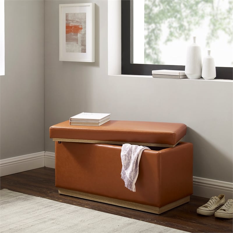 Linon Hawn Rectangle Storage Ottoman Natural Wood Trim in Caramel Faux Leather