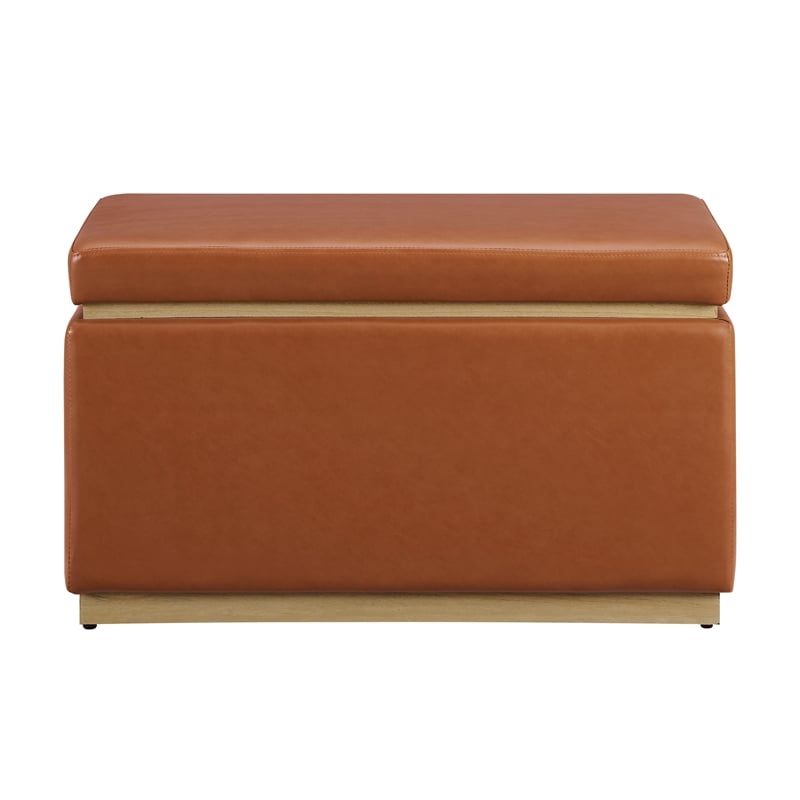 Linon Hawn Rectangle Storage Ottoman Natural Wood Trim in Caramel Faux Leather