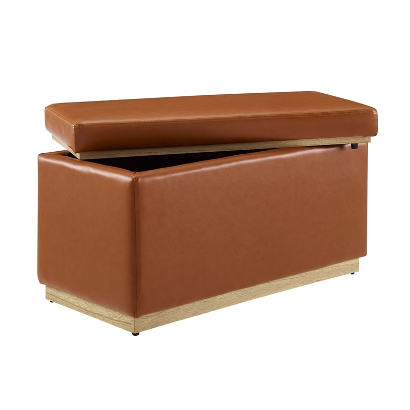 Linon Hawn Rectangle Storage Ottoman Natural Wood Trim in Caramel Faux Leather