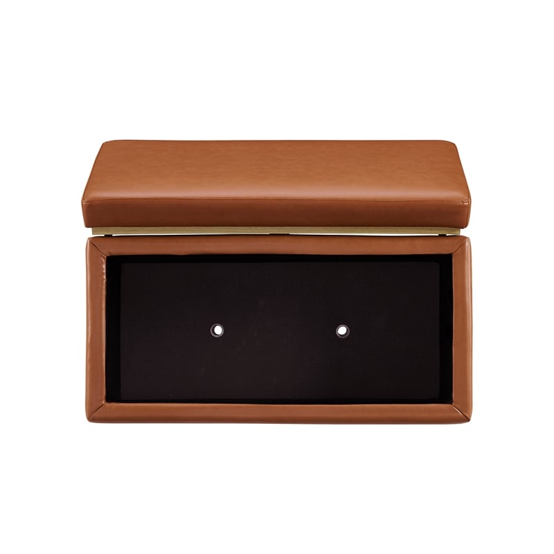 Linon Hawn Rectangle Storage Ottoman Natural Wood Trim in Caramel Faux Leather