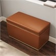 Linon Hawn Rectangle Storage Ottoman Natural Wood Trim in Caramel Faux Leather