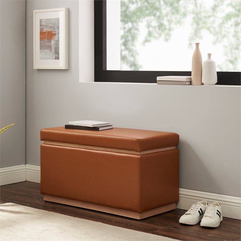 Linon Hawn Rectangle Storage Ottoman Natural Wood Trim in Caramel Faux Leather