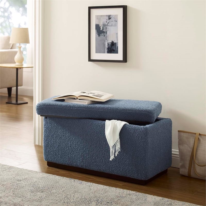 Linon Hawn Rectangle Storage Ottoman Dark Wood Trim in Blue Grey Sherpa